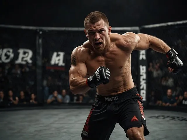 Combattant de MMA torse nu enchaînant un direct dans une cage octogonale