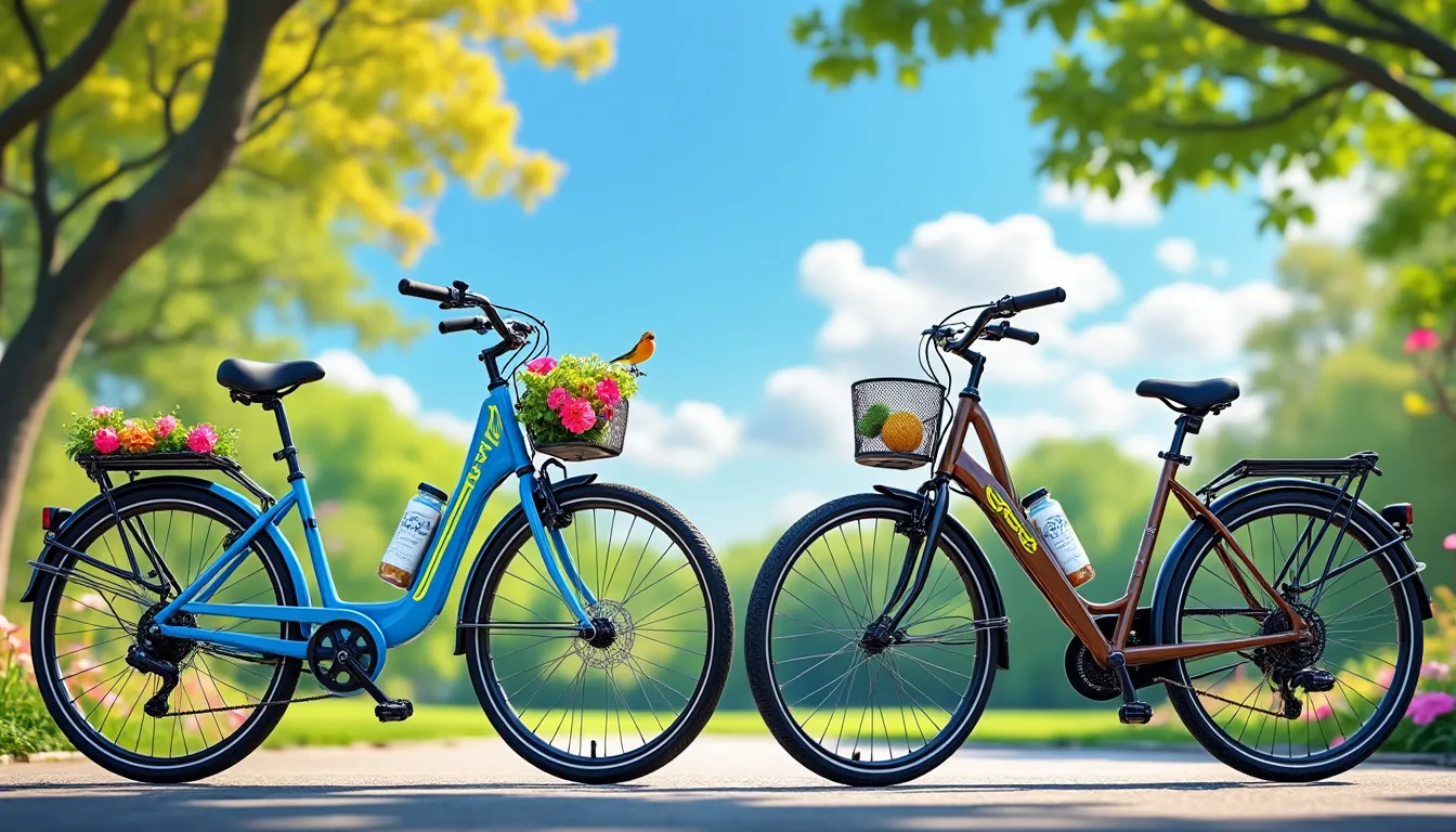 Deux vélos de ville à panier fleuri garés sur une route ensoleillée
