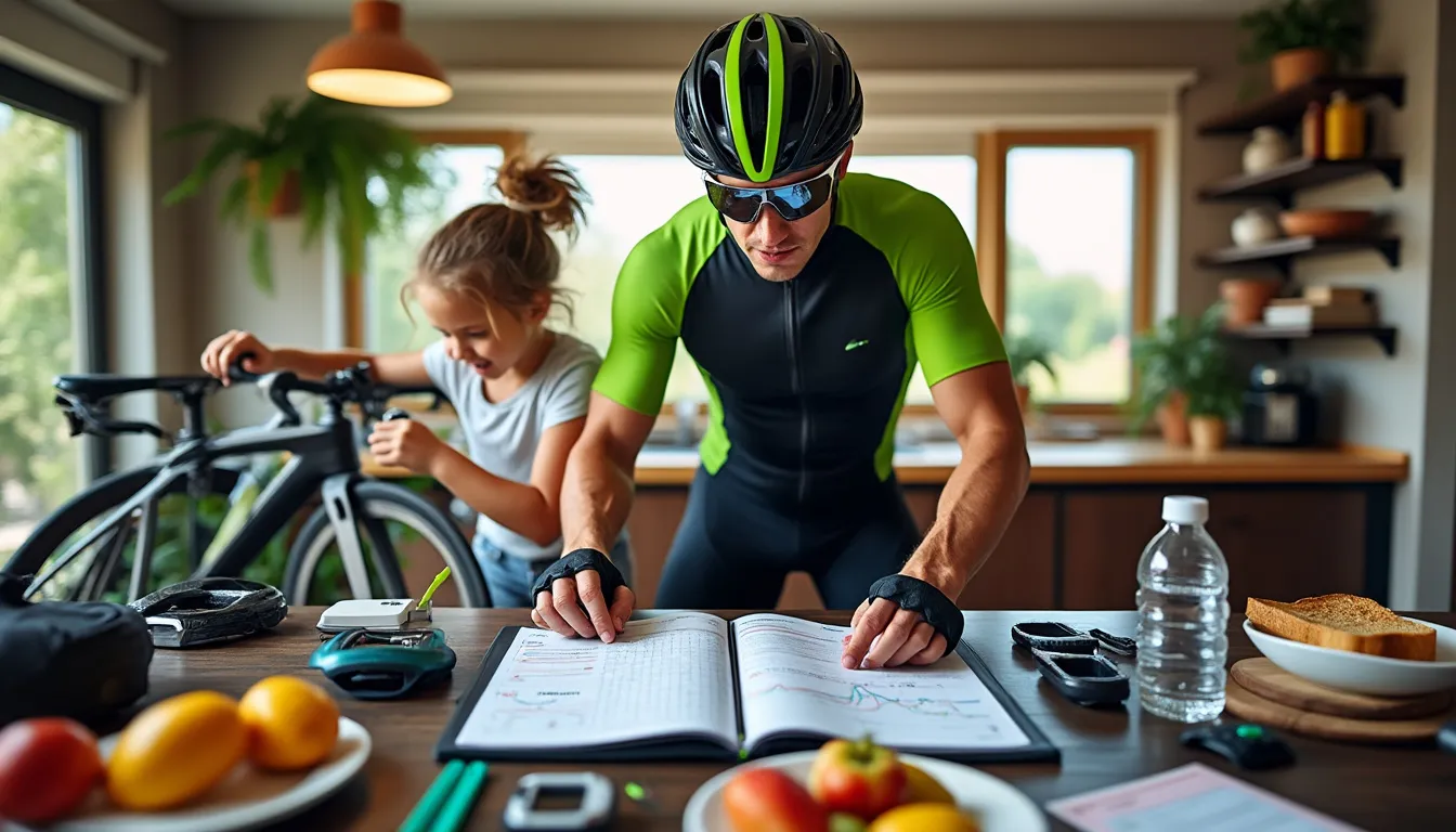 Cycliste en maillot vert remplissant son carnet d'entraînement dans la cuisine, fillette à côté