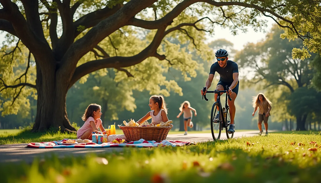 Cycliste rejoignant un pique-nique familial sous un grand chêne, enfants qui courent