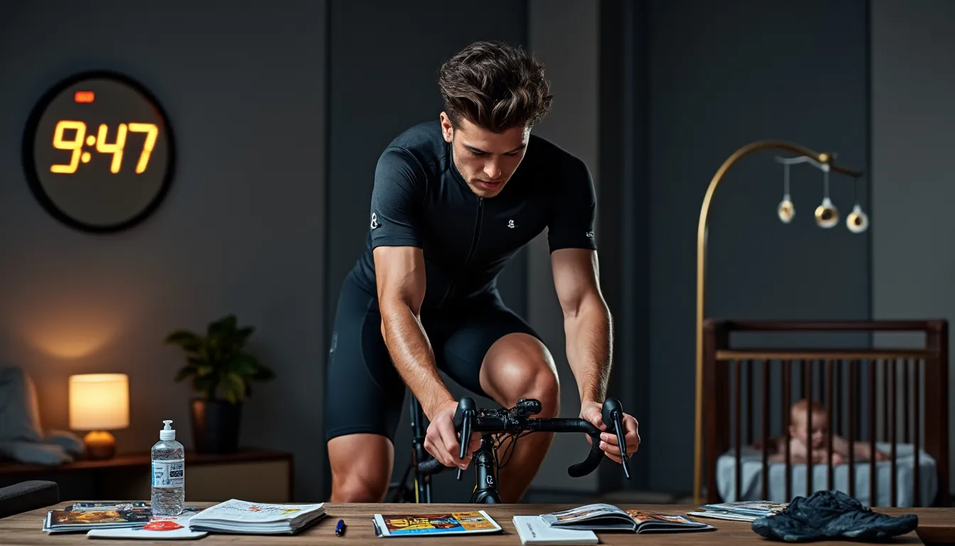 Cycliste sur home trainer le soir, horloge à 9 h 47, berceau et mobile à droite