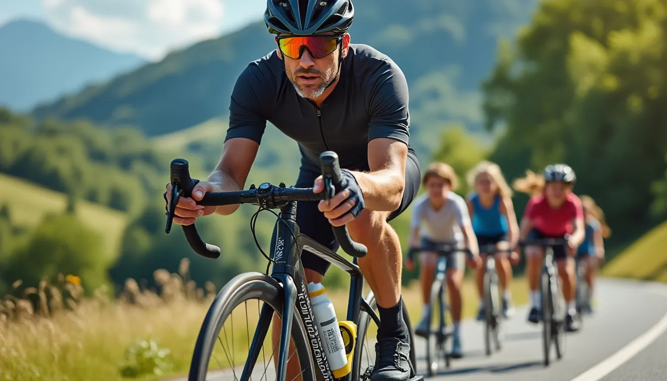 Cycliste en noir en tête d'une sortie en groupe sur une route de campagne
