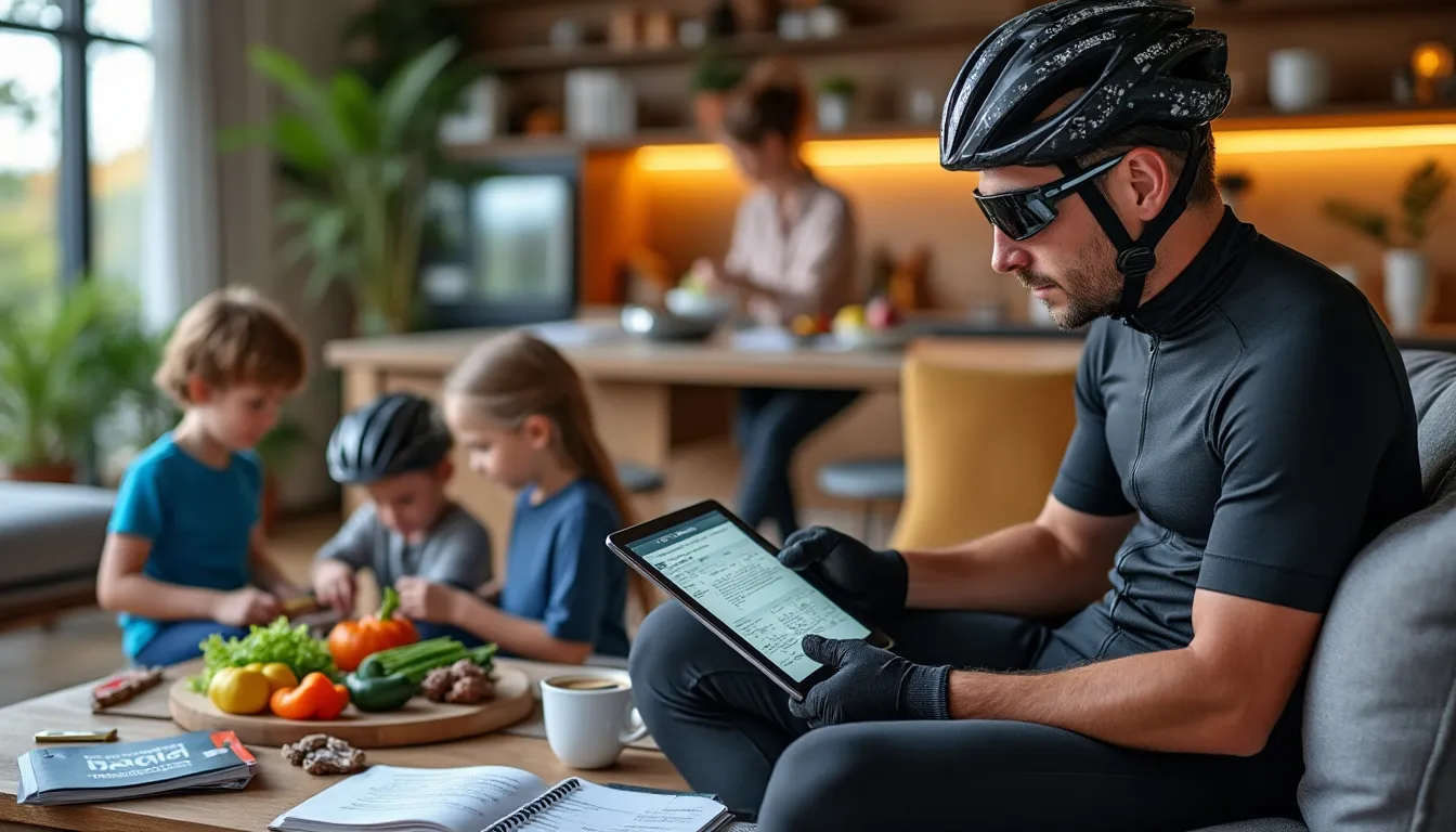 Cycliste consultant sa tablette dans le salon, sa famille autour de la table au fond