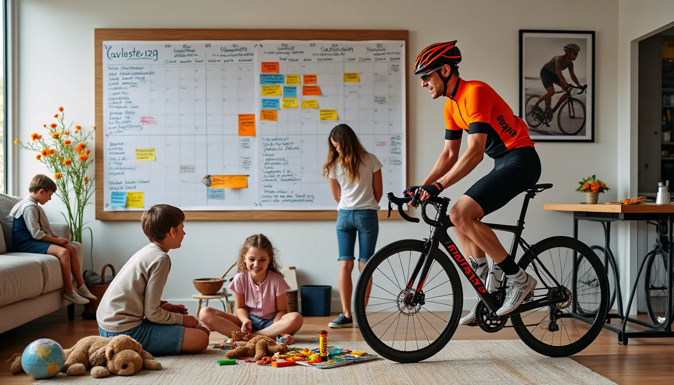 Cycliste casqué sur son vélo dans le salon, tableau de planning au mur et enfants qui jouent au sol