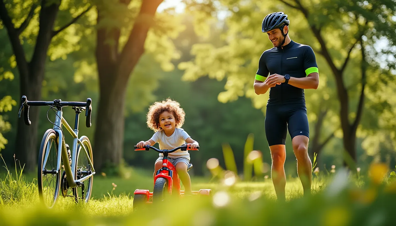 Père en tenue de cycliste regardant sa montre pendant que son enfant pédale sur un tricycle rouge