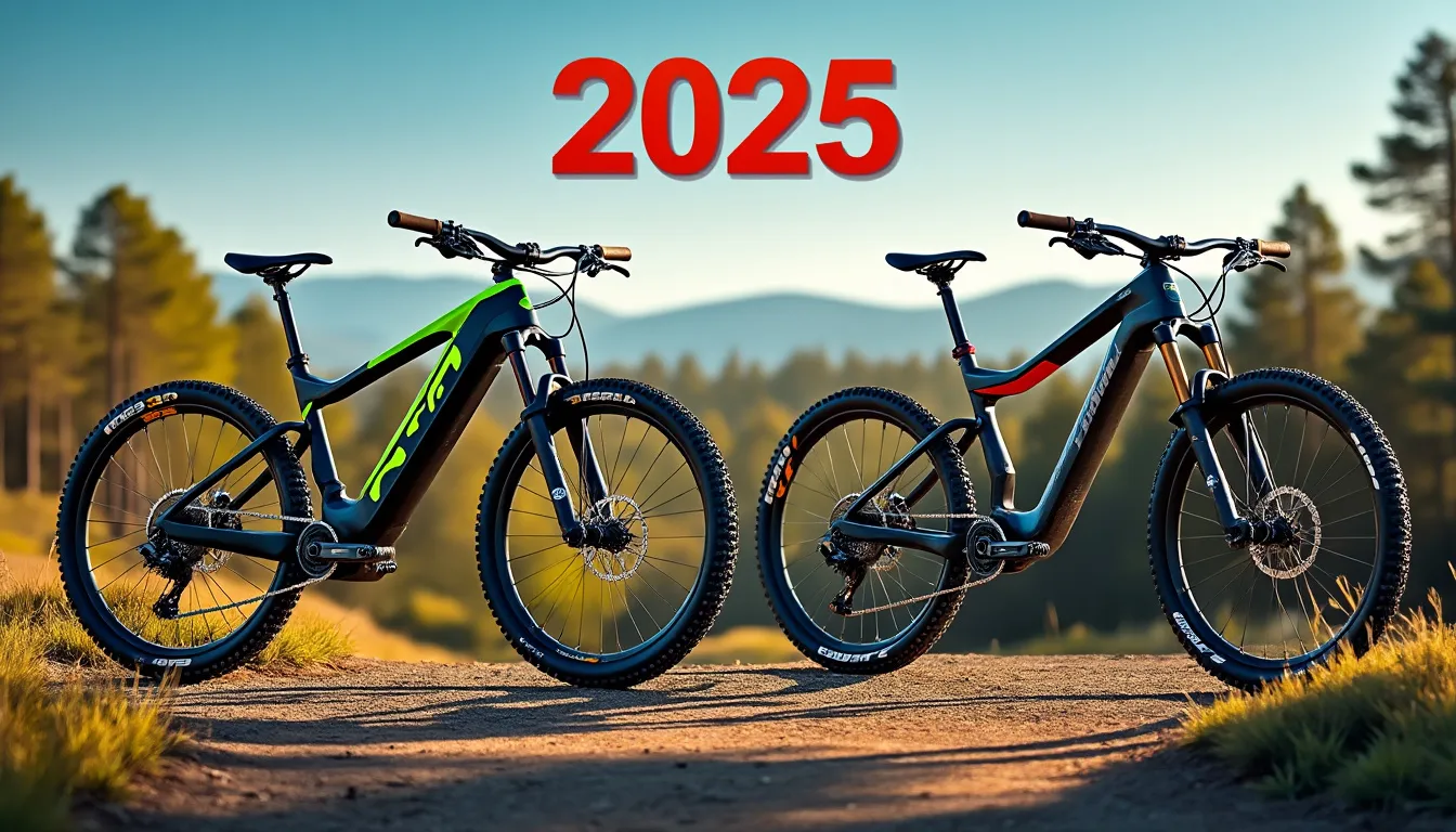 Deux VTT électriques sur un chemin forestier, l'année 2025 en grands chiffres rouges dans le ciel