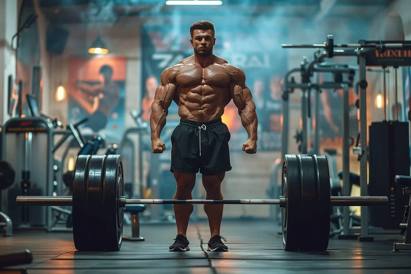Athlète massif debout devant une barre chargée en salle de musculation