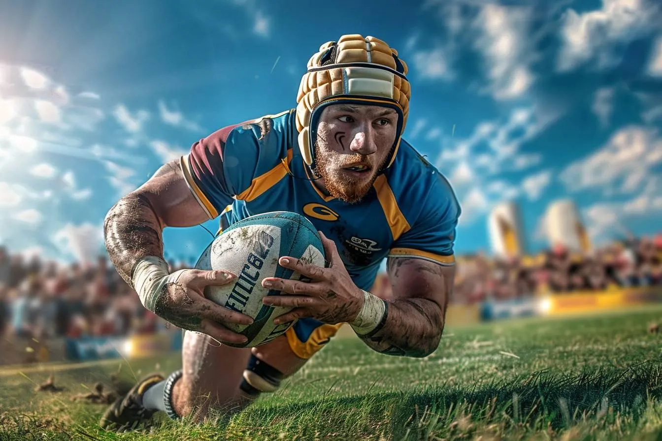 Joueur casqué en maillot bleu et jaune plongeant ballon en main pour aplatir