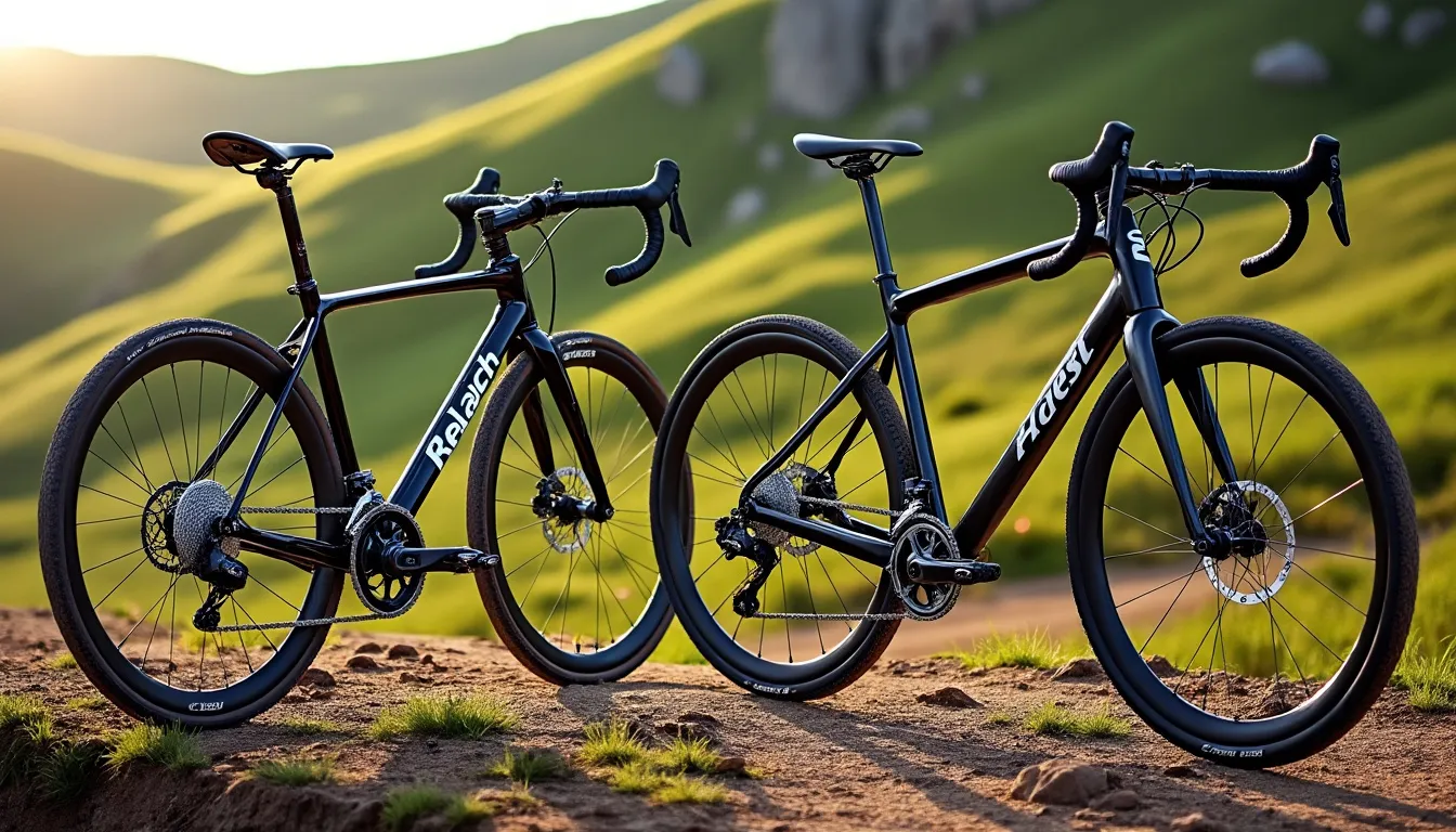 Deux vélos de route noirs dressés sur une piste de terre entre des collines