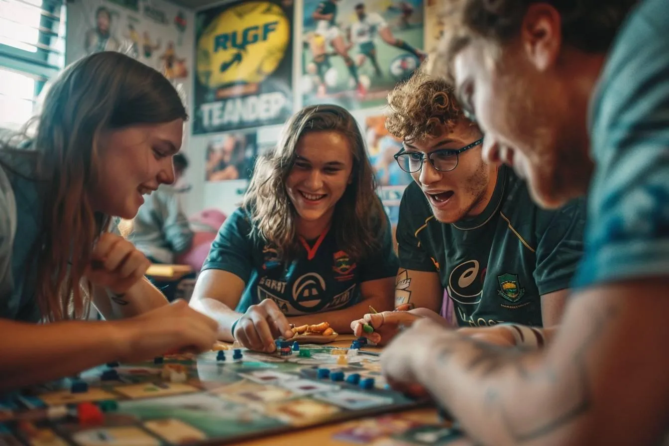 Joueurs d'un club riant autour d'un plateau de jeu de société au foyer