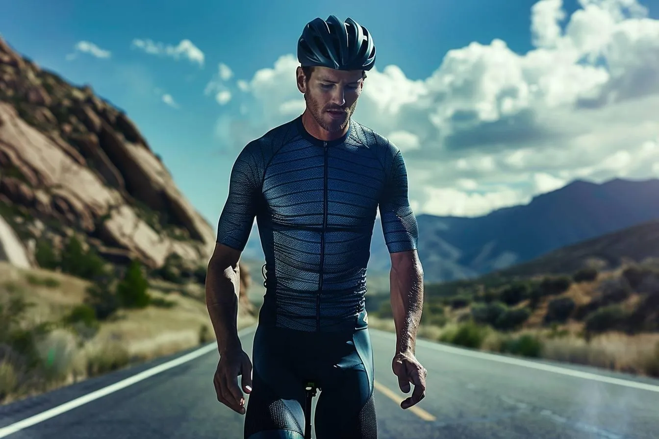 Cycliste en tenue moulante noire marchant sur une route de montagne, l'air concentré
