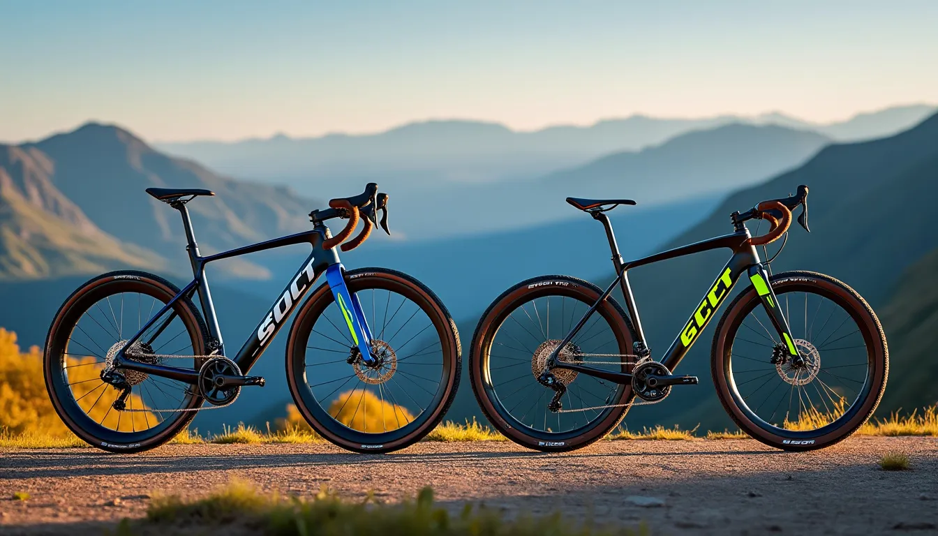 Deux vélos de route en contre-jour devant une mer de nuages en montagne