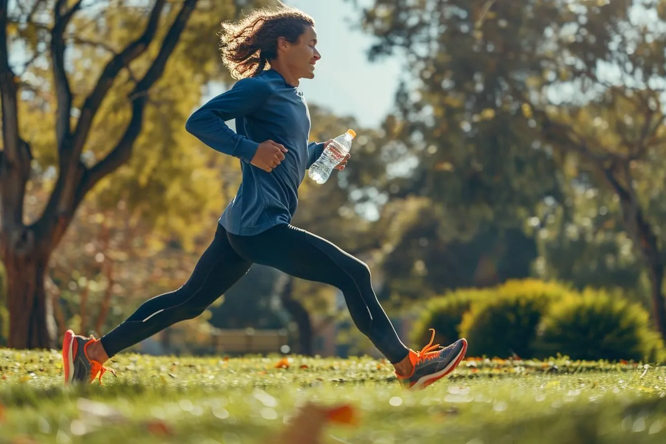 Coureuse souriante en footing dans un parc, bouteille d'eau à la main