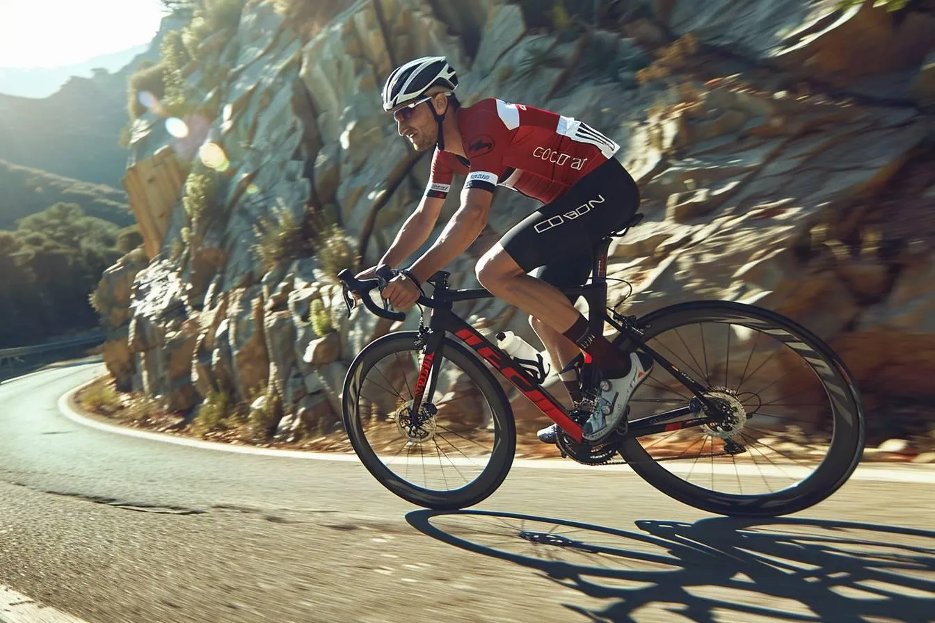 Coureur en maillot rouge et blanc lancé dans une descente le long d'une paroi rocheuse