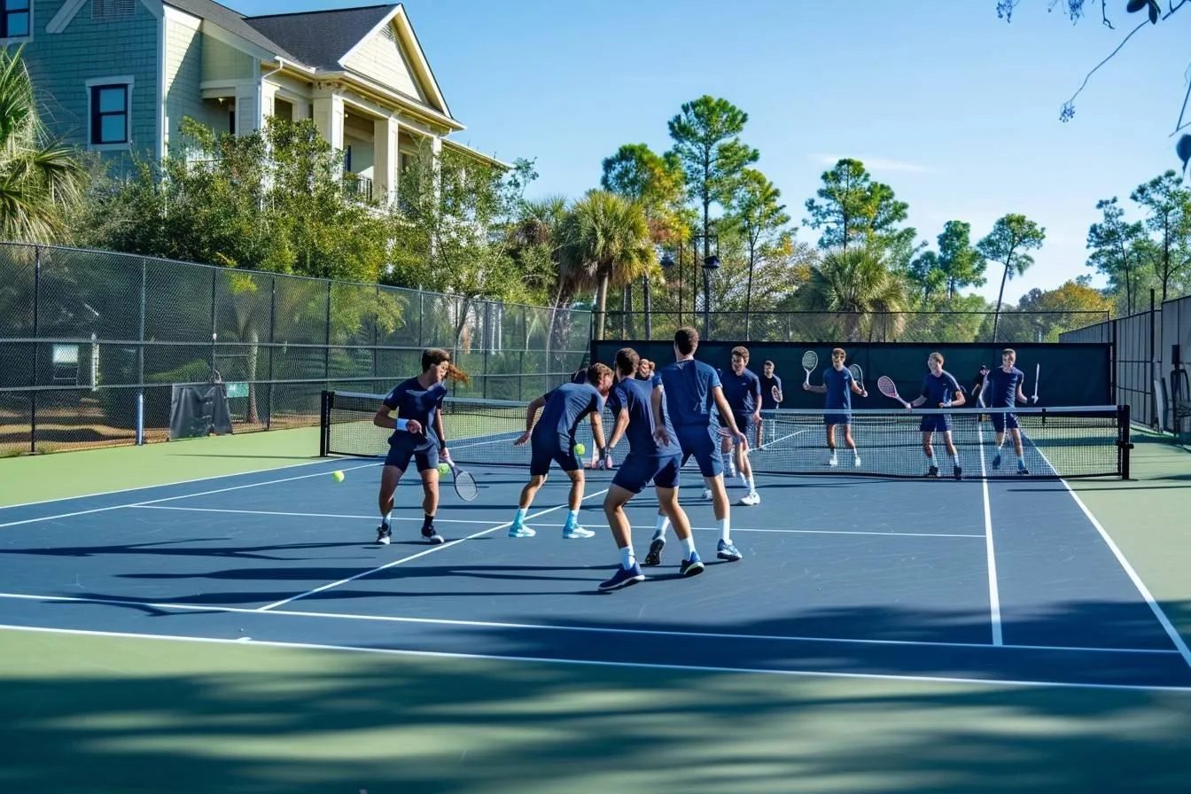 Équipe de tennis à l'entraînement collectif sur un court bleu