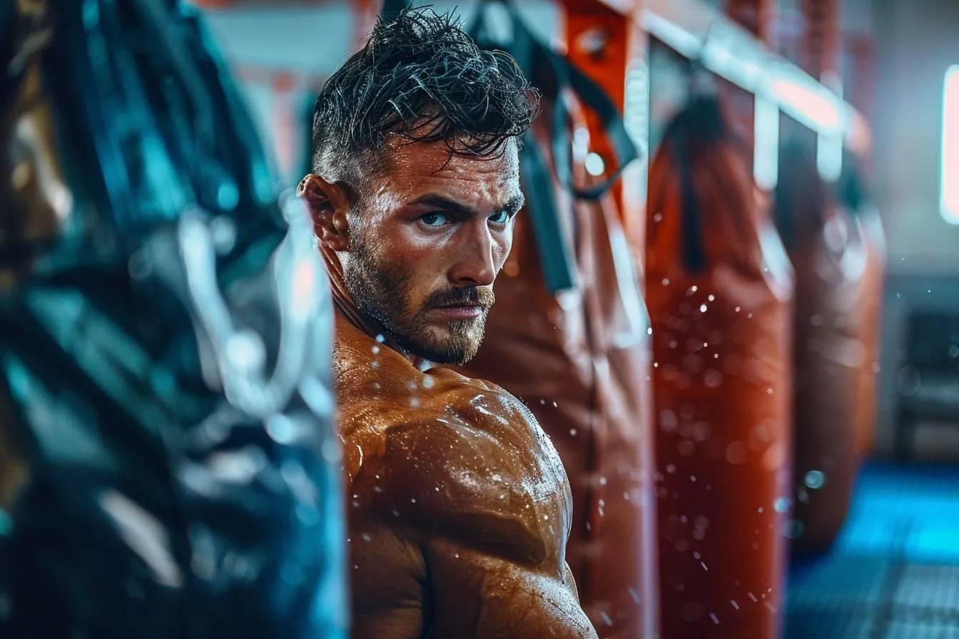 Boxeur en sueur entre les sacs de frappe d'une salle sombre
