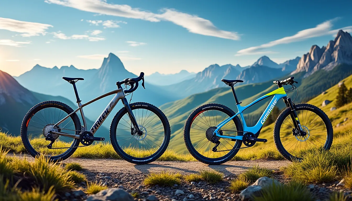 VTT gris et VTT bleu et vert sur une crête, chaîne de montagnes derrière