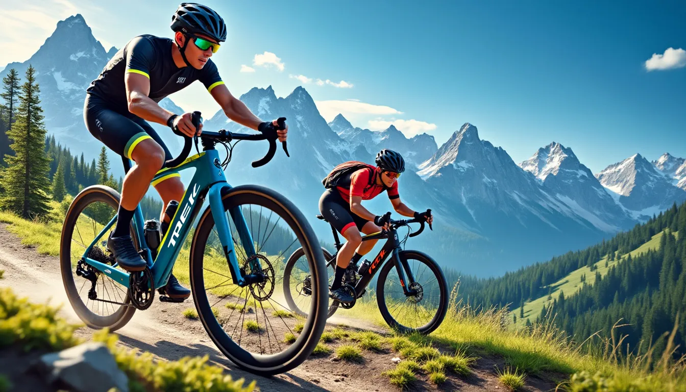 Deux cyclistes en danseuse sur une piste de montagne, sommets enneigés au fond
