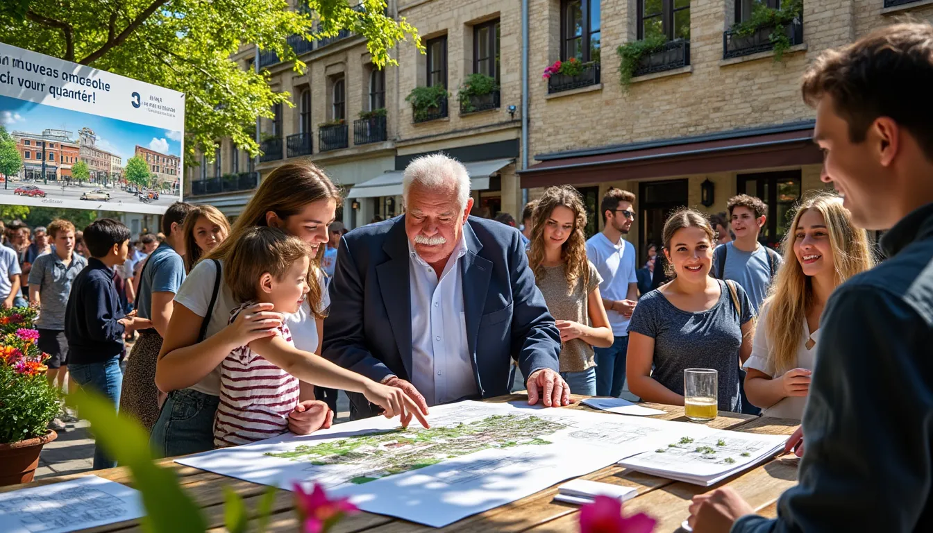 Habitants réunis en pleine rue autour d'un plan de quartier étalé sur une table