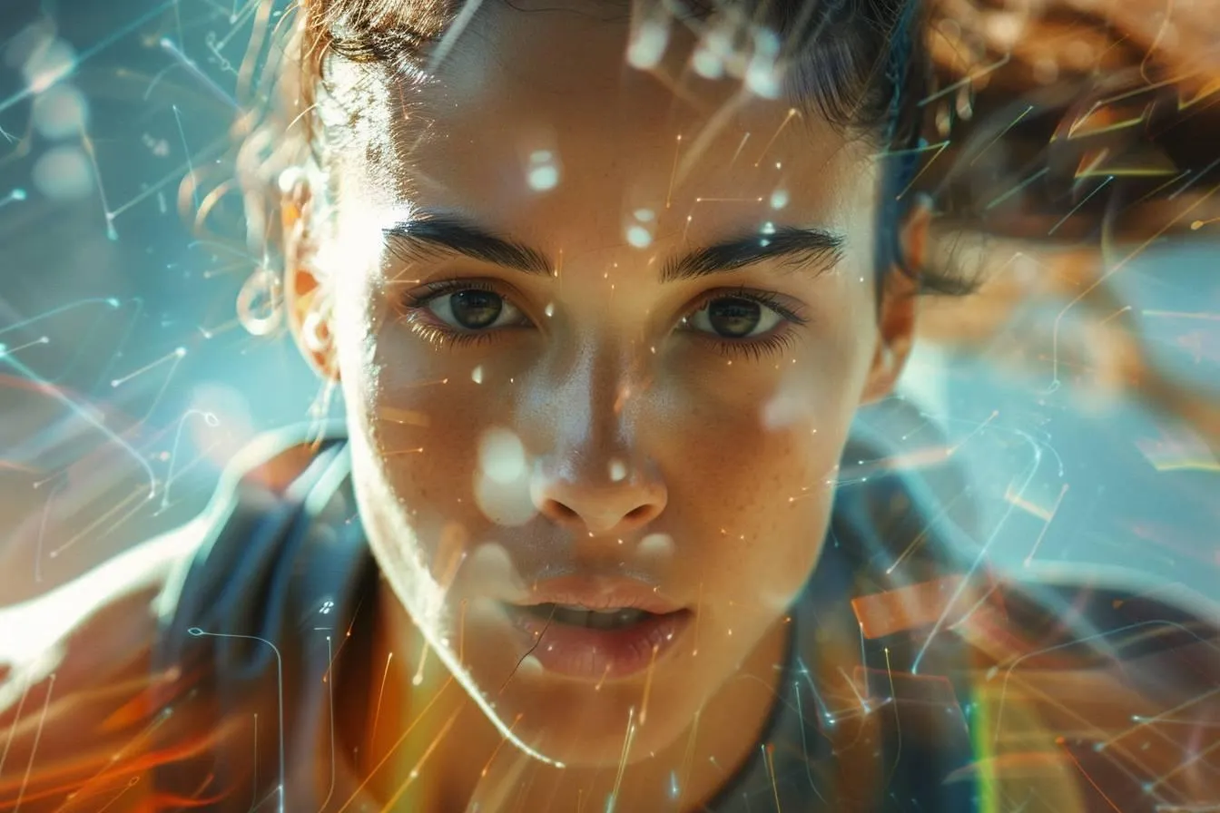 Portrait d'une athlète les yeux dans le vague, traversé d'éclats lumineux